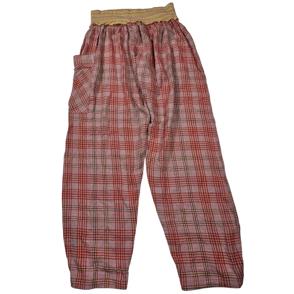 New Free People Intimately Plaid Pajama Set Pink Orange Smocked Waist Small